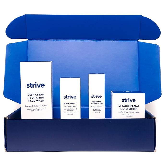 Strive Apex Skin Care Set - Advanced Anti Aging - Fragrance Free All Skin Types Fights Dark Circles Dull Skin - Peptides Retinal Vitamin C Niacinamide (Face Wash Scrub Moisturizer Serum)