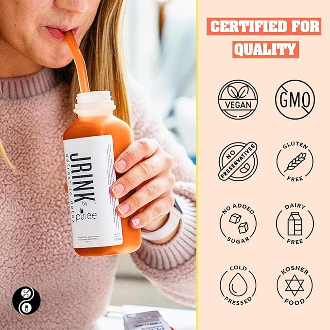 JRINK by Purée Organic Carrot Juice Cold Pressed Ginger Blend Healthy Cleanse Vegan Cold Press Beverage Non-GMO Organic Fruit and Vegetable Drink No Added Sugar 16 fl oz Bottles Pack of 24