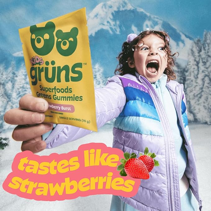 Gruns Multivitamin for Kids Super Greens Gummies Superfood Gummy Bears with 20+ Vitamins &amp Minerals Spirulina Chlorella Alfalfa Prebiotics Fiber for Digestive Health Adaptogens Supplement