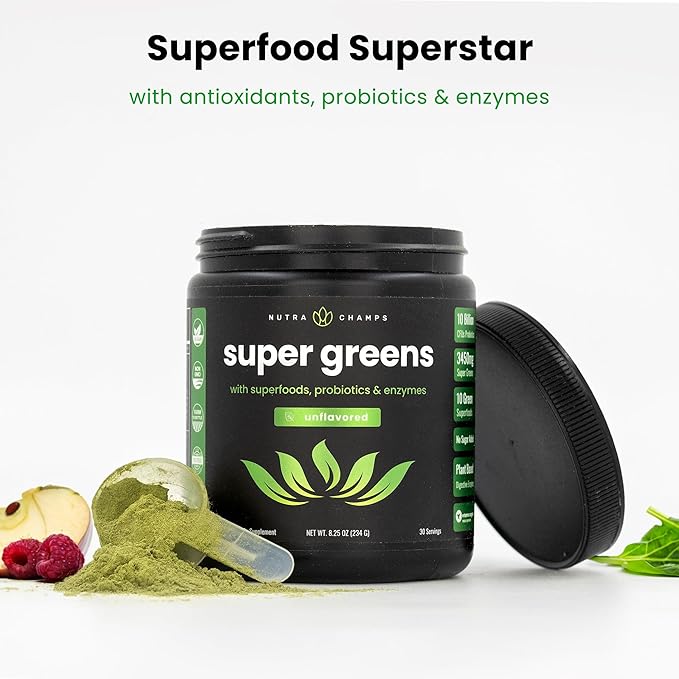 NutraChamps Super Greens Powder Premium Superfood | 20+ Organic Green Veggie Whole Foods | Alfalfa Spirulina Chlorella &amp More | Antioxidant Digestive Enzyme &amp Probiotic Blends | Unflavored