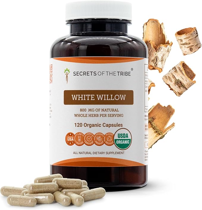 Secrets of the Tribe White Willow Capsules 800 mg USDA Organic White Willow (Salix Alba) Dried Bark (120 Capsules)