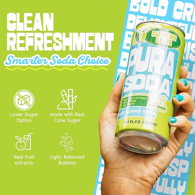 PuraSoda® Cucumber &amp Lime | 65 Calories &amp 13g Pure Cane Sugar per Can | Non-GMO Vegan | Made with Pure Cane Sugar Clean &amp Refreshing | 10 fl oz (300ml) Cans Pack of 24