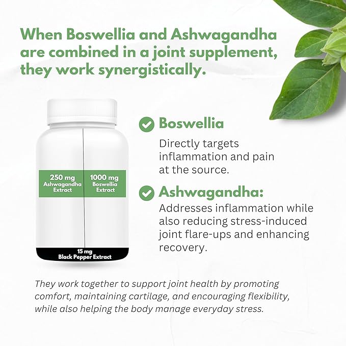 Boswellia Extract and Ashwagandha Capsules 2000 mg - Strong Natural Support Pills 3 Month Supply - Consentrated Boswellia Serrata 65% Boswellic Acid with Ashwagandha Powder Supplement