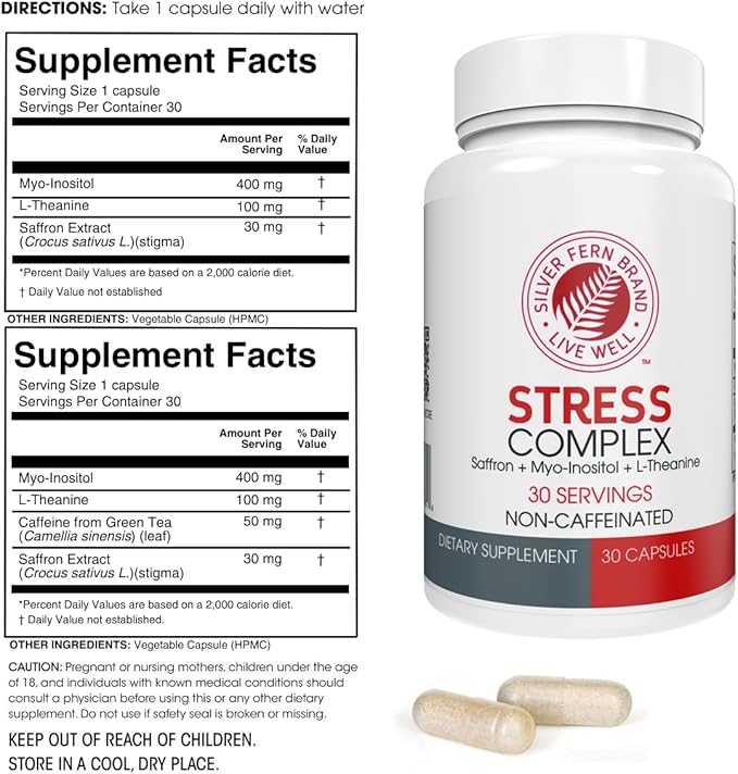 Silver Fern Stress Complex Supplement - with Caffeine - Sleep Worry Mood &amp More - with Saffron Supplements L-Theanine Supplement and Myo-inositol - Natural Stress Relief Supplement (Pack o 2)
