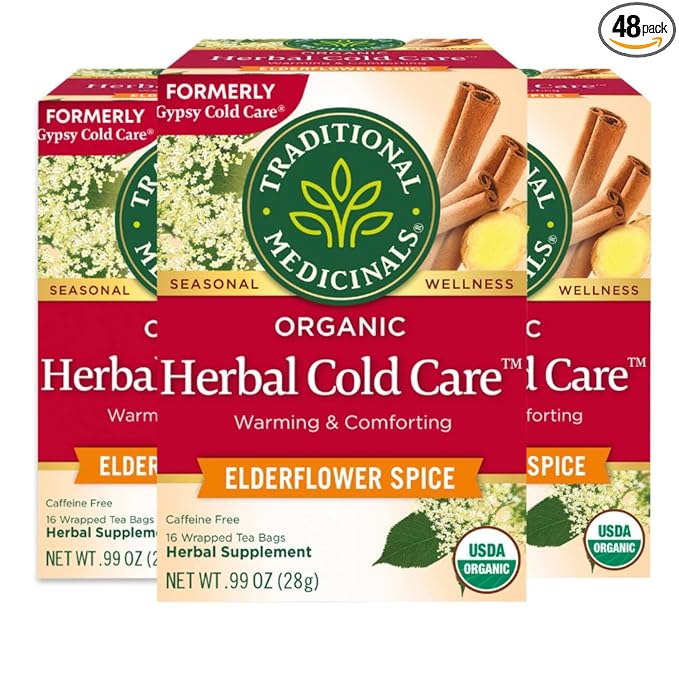 Traditional Medicinals Organic Herbal Cold Care Elderflower Spice Herbal Tea Warm &amp Comforting Seasonal Wellness 48 Tea Bags Total (Pack of 3)