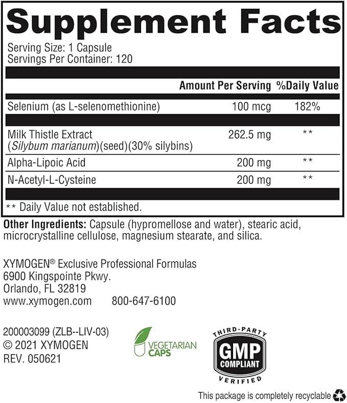 XYMOGEN Liver Protect - Supports Liver Health + Glutathione Production - Milk Thistle Extract ALA Alpha-Lipoic Acid N-Acetyl-L-Cysteine Selenium L-Selenomethionine (120 Capsules)
