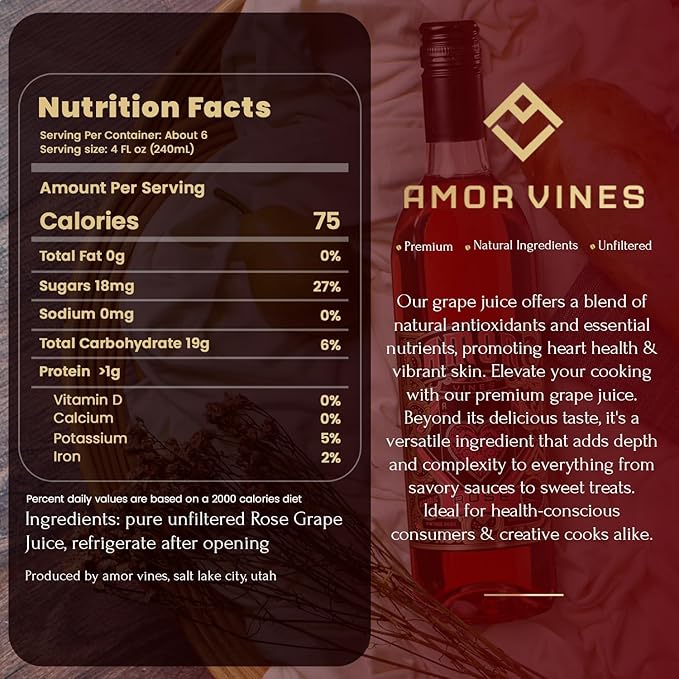 Amor Vines 100% Natural Unfiltered Pure Rosé &amp Chardonnay Grape Juices - No Water Added Preservative Free Non-Alcoholic - 750ml Glass Bottle - Pack of 2