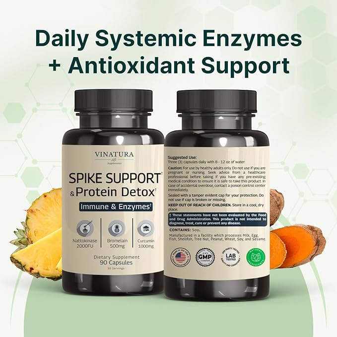 VINATURA Spike Protein Detox - Curcumin 1000 mg Bromelain 500 mg Nattokinase 2000 FU - Enzyme Complex for Detox &amp Protein Balance Ultimate Spike Support Supplement - 90 Capsules