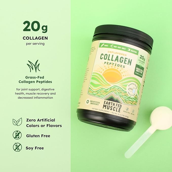 Earth Fed Muscle Collagen Peptides Powder – Unflavored Collagen Protein Powder for Women &amp Men | Supports Hair Skin Nails Joints &amp Recovery | Sugar &amp Gluten-Free Keto Friendly 20g Per