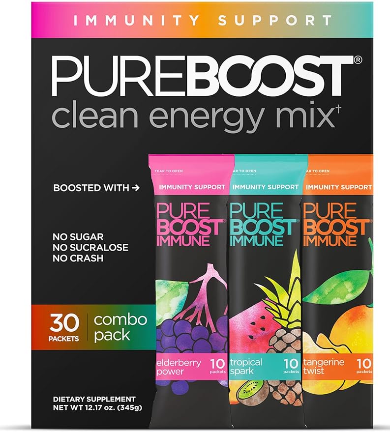 Pureboost Immune Clean Energy Booster Refreshing Energy Drink Mix and Immunity Supplement with Elderberry 1200 mg Vitamin C Vitamins A + D and Zinc. Sugar-Free (Combo Pack 30 Count)