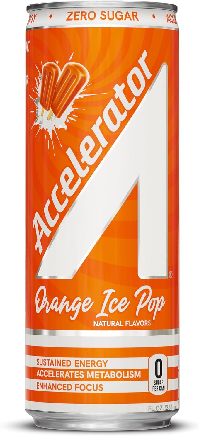 Accelerator Energy Drink Orange Ice Pop 12oz can (12 pack) Zero Sugar Sustained Energy from 100% Natural Caffeine (200mg from Green Coffee Bean &amp Green Tea extract)