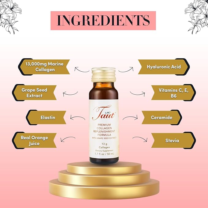 TAUT Liquid Collagen for Women – 13000mg Marine Collagen Drink with Hyaluronic Acid Grape Seed &amp Elastin – Visible Skin Hair &amp Joint Support – 1 Box (8 Bottles Each)