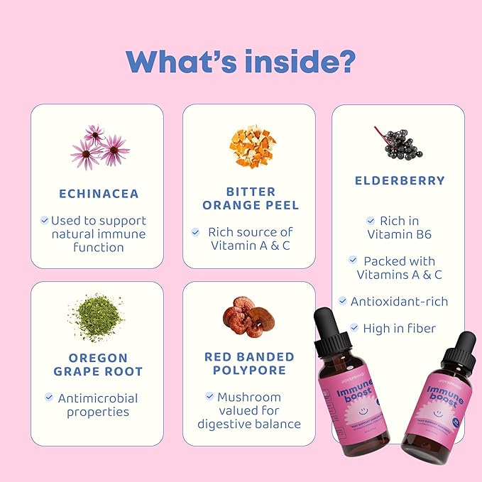 JoySpring Immune Drops - Kids’ Immunity Support Supplement (1 fl oz 30 Servings) with Organic Elderberry Liquid Echinacea Oregon Grape Root &amp Orange Peel for Ages 2-16+ Years and Adults