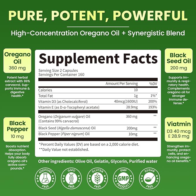 5-IN-1 Oil of Oregano with Black Seed Oil 99% Carvacrol | Thymoquinone 320 Count Organic Oregano Oil Capsules  Vitamin D3/E/Black Pepper for Absorption Supports Immune/Gut/Respiratory Non-GMO