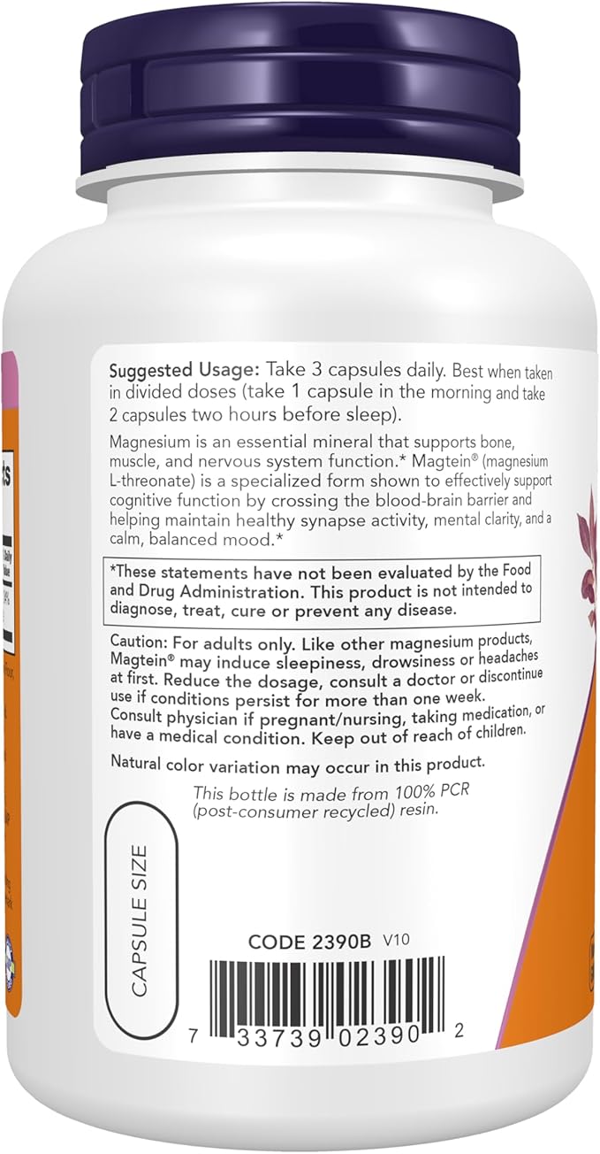 NOW Foods Supplements Magtein™ with patented form of Magnesium (Mg) Cognitive Support* 90 Veg Capsules