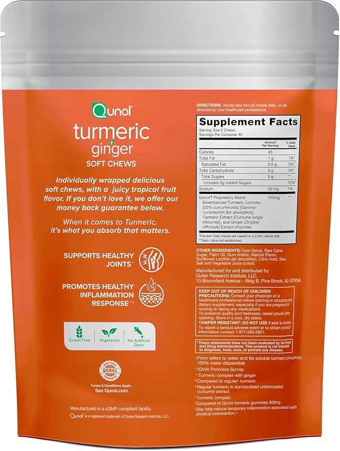 Qunol Turmeric and Ginger Soft Chews 750mg Turmeric Supplement Ultra High Absorption to Support Joint Health 90 Count