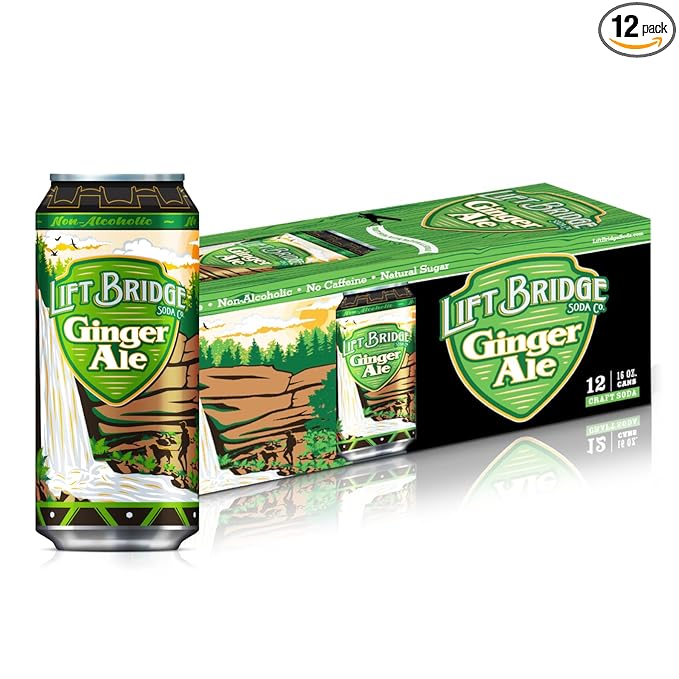 Lift Bridge Ginger Ale Natural Ginger Flavor Real Cane Sugar Craft Soda Gluten-free Caffeine-free Vegan 12 pack 16 oz Cans