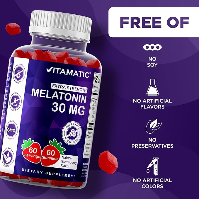 Vitamatic Sugar Free Melatonin 30mg per Gummy - 60 Servings - 60 Vegetarian Gummies - Non-Habit Forming Supplement (60 Count (Pack of 3))