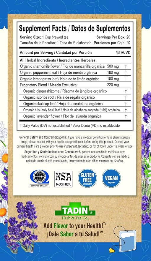 Tadin Organic Serene Dreams Tea Caffeine Free Herbal Tea to Support a Good Night's Rest 20 Tea Bags Per Box Pack of 6