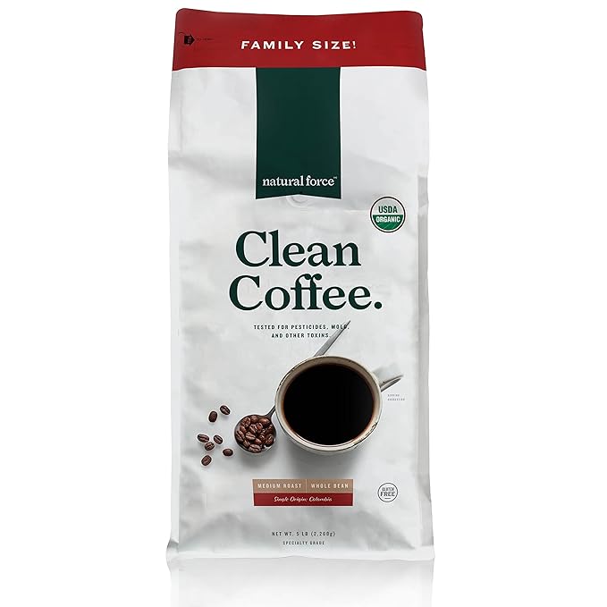 Natural Force - Bulk Organic Clean Coffee Classic Mold &amp Mycotoxin Free Lab Tested for Toxins &amp Purity Low Acidity Incredible Taste &amp Aroma Whole Bean Medium Roast 5 lbs