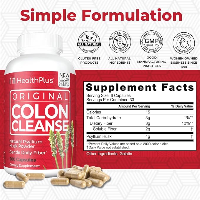 Health Plus Colon Cleanse Digestive Support | All Natural Daily Fiber for Toxin Elimination To Reduce Bloating | Supports Heart Health | 200 Capsules 33 Servings