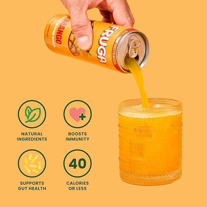 FRUGA Mango Sparkling Fruit Super Soda Prebiotic Soda Low Calorie Healthy Soda Benefits and Vitamin Boost 12 Fl Oz (Pack of 12)