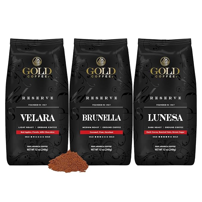 Gold Coffee Bundle | Velara Brunella &amp Lunesa Light Medium &amp Dark Roast Ground |100% Arabica Coffee 12 oz. (Pack of 3)