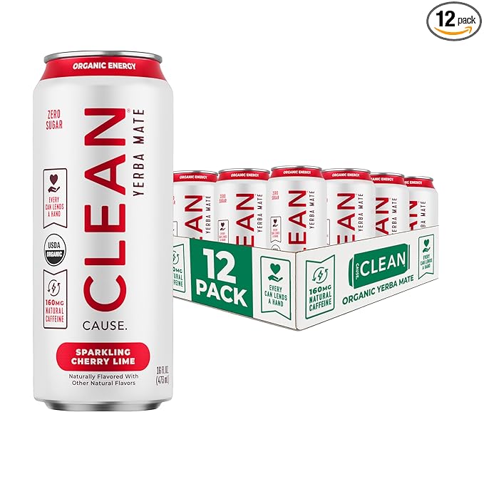 CLEAN Cause Zero Sugar Cherry Lime Yerba Mate Tea Sparkling USDA Organic Energy Drink Alternative Zero Calorie 160mg Natural Caffeine Soda Alternative Plant-Based (16oz cans 12-Pack Case)