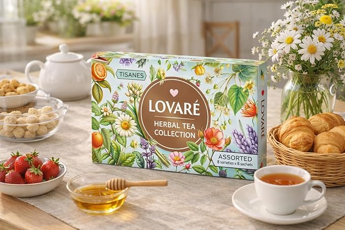 Lovare Herbal Tea Collection – 64 Herbal Tea Bags Assortment | 8 Flavors | Caffeine-Free | Gift Box for Relaxation Wellness Moments Tea set