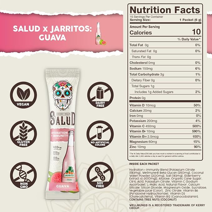 Salud x Jarritos 2-in-1 Hydration Packets + Immunity Electrolytes Powder Guava - Agua Fresca Drink Mix Elderberry Dairy &amp Soy Free Non-GMO Gluten Free Vegan 1g Sugar (15 Servings)