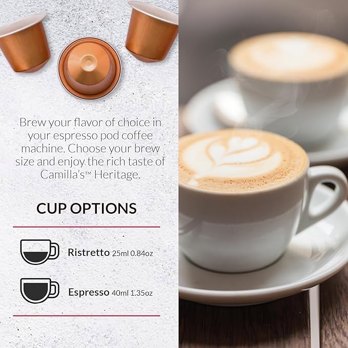 Camilla’s Heritage - Intensity 8 Hazelnut Flavored Espresso Coffee Gourmet Espresso Cups 60 Coffee Pods