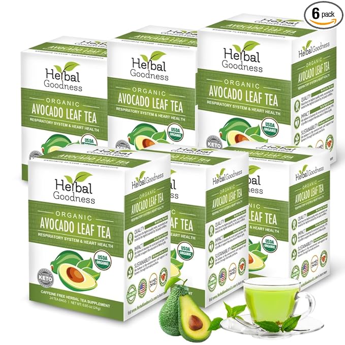 Avocado Leaf Tea - Organic Avocado Green Tea Bags Rich in Calcium Nutrient Dense Respiratory &amp Heart Support - 24 Teabags in 6 Packs - Herbal Goodness