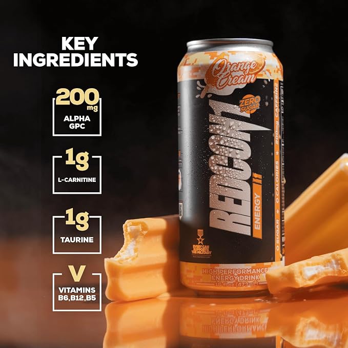REDCON1 Energy High Performance Drink Orange Cream - Zero Sugar Energy Drink with Alpha GPC Nootropic - 200mg of Natural Caffeine from Green Coffee Beans - Vitamin B6 B12 &amp B5 to Boost Mood (12