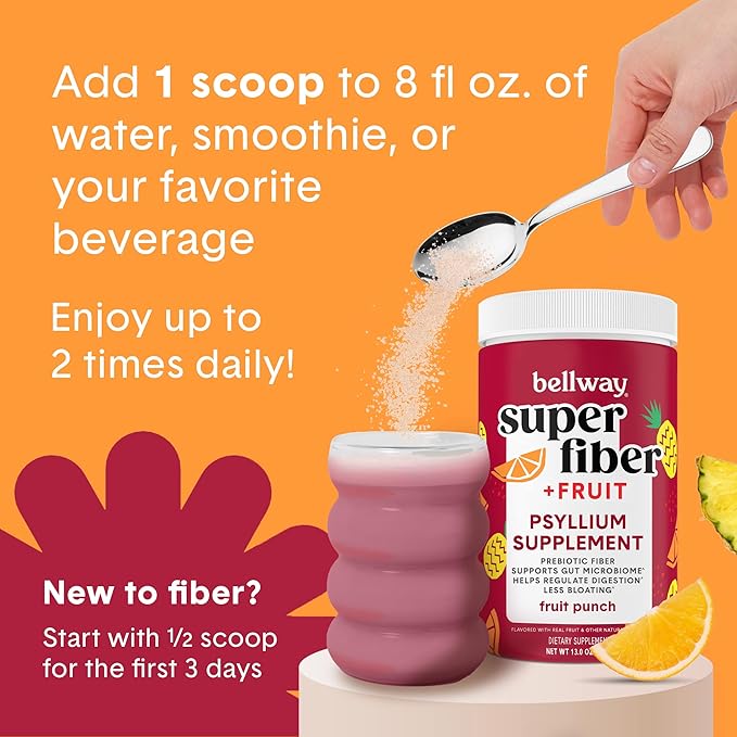 Bellway Super Fiber Powder + Fruit Sugar Free Organic Psyllium Husk Powder Fiber Supplement for Regularity Bloating Relief &amp Digestive Health Plant-Based Fruit Punch (50 Servings)