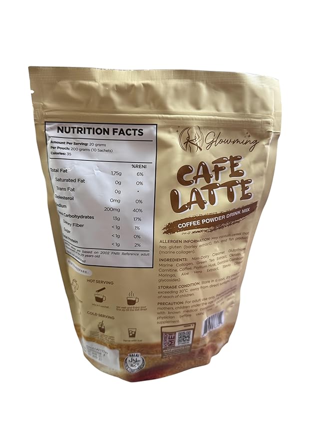 Cris Cosmetics Glowming Café Latte Coffee Powder Drink Mix - Glutathione &amp Collagen Blend (20g)