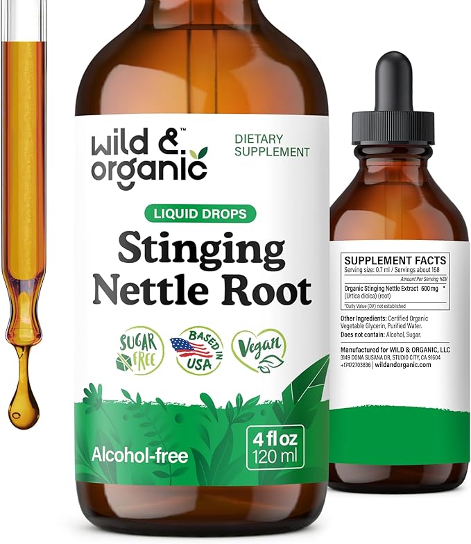 Wild &amp Organic Stinging Nettle Tincture - Stinging Nettle Root Extract Drops for Men &amp Women - Liquid Urtica Dioica Supplement - Vegan Sugar &amp Alcohol-Free - 4 fl oz