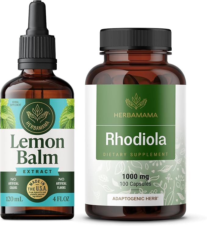 HERBAMAMA Lemon Balm and Rhodiola Kit - Bundle of Lemon Balm Tincture 4 Fl Oz &amp 1000mg Rhodiola Rosea Capsules - Vegan Non-GMO Alcohol &amp Gelatin-Free - 2 Pack