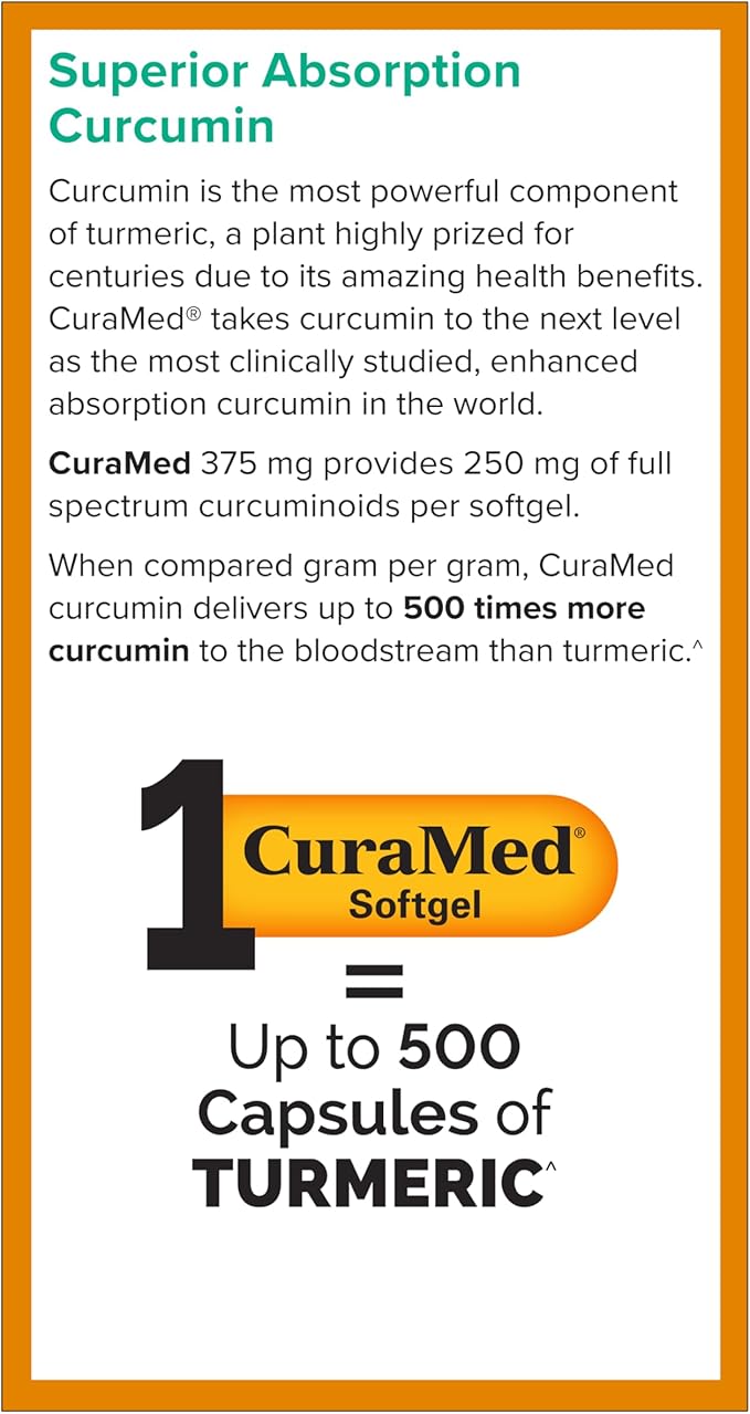 Terry Naturally CuraMed 375mg - Antioxidant Supplement for Brain &amp Immune Health Support - Dietary Supplement with Curcumin &amp Turmeric Essential Oil - Herbal Liver Support - 60 Softgels