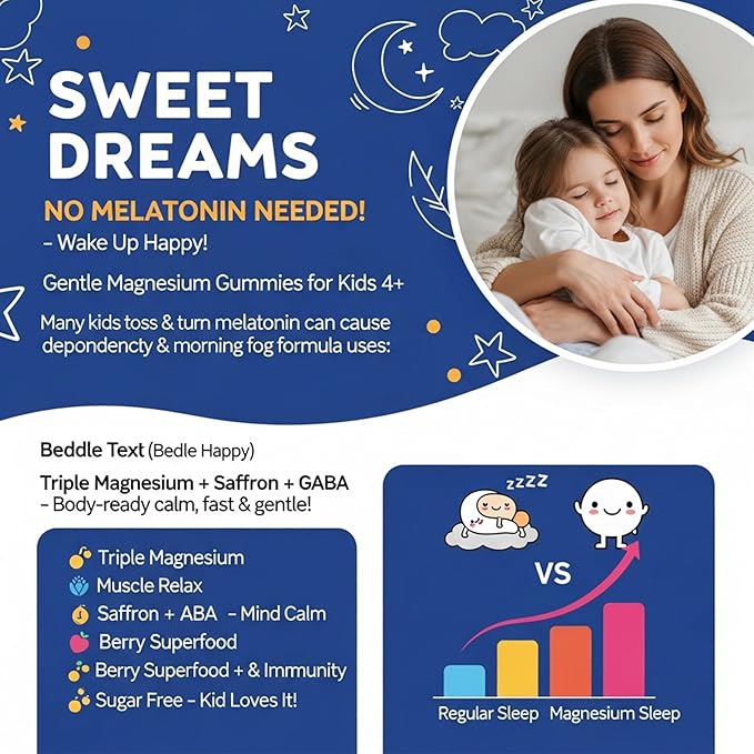 Kids Sleep Gummies NO Melatonin - Triple Magnesium Glycinate + Saffron GABA Berry &amp Nut Superfood Gummies Sugar Free Nighttime Sleep Aid &amp Calm for Kids 4+ Restful Sleep Brain &amp Muscl