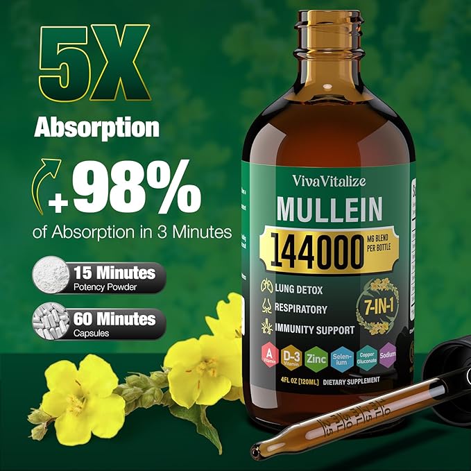 Mullein Drops for Lungs144000mg Mullein Leaf Extract for Lungs Cleanse &amp Respiratory Function Healthy Breathing Immune Digestive System Natural Herbal Supplement Sugar &amp Alcohol-Free120-Da