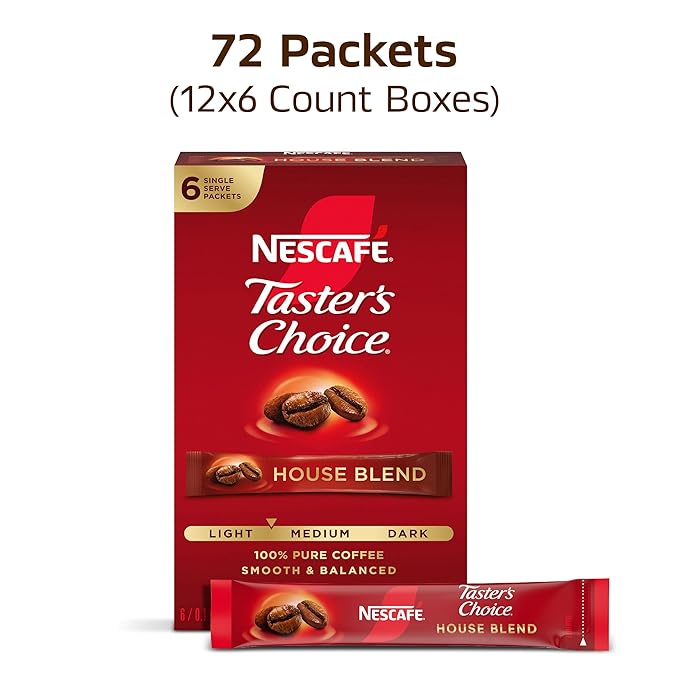 NESCAFÉ Taster's Choice Instant Coffee Packets Light Medium Roast Coffee House Blend 12 Boxes (72 Packets)