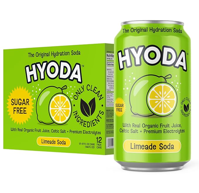 HYODA Limeade Soda Gluten Free and Vegan Sparkling Electrolyte Drink Made with Organic Lime Juice Celtic Salt and Calcium Keto Zero Sugar Plant Based Caffeine Free 12 FL OZ Cans 12 Pack