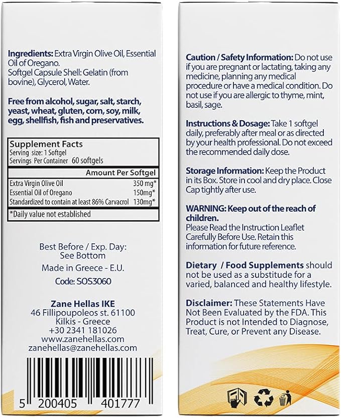 130 mg Carvacrol - 150 mg Oregano Oil per Softgel. Zane Hellas Oregano Oil Softgel - Contains 30% Greek Essential Oil of Oregano. 120 Softgels.