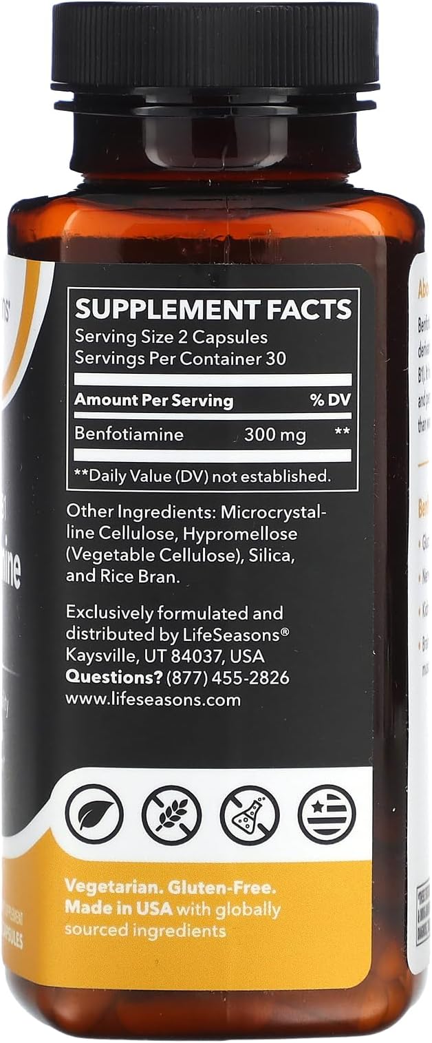LifeSeasons Benfotiamine 300 mg per 2 Capsules – High‑Absorption Fat‑Soluble Vitamin B1 Supplement for Nerve &amp Metabolic Support Cognitive &amp Circulatory Health – 60 Vegan Capsules