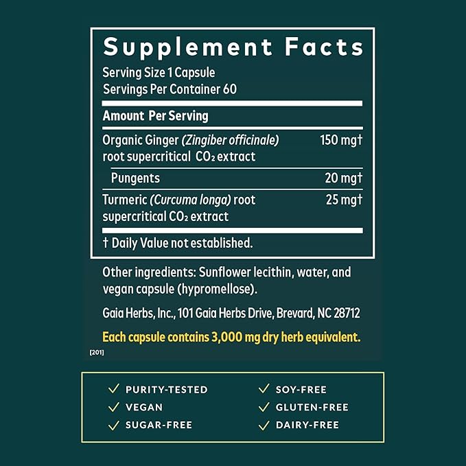 Gaia Herbs Ginger Supreme - Supports Healthy Digestion &amp Relieves Occasional Nausea* - with Organic Ginger Root &amp Turmeric Root - 60 Vegan Liquid Phyto-Caps (60 Servings)