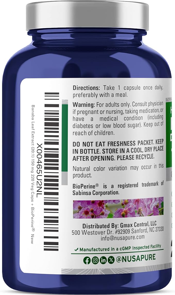 NusaPure Banaba Leaf 150 mg 200 Veg Capsules (Non-GMO Vegan)