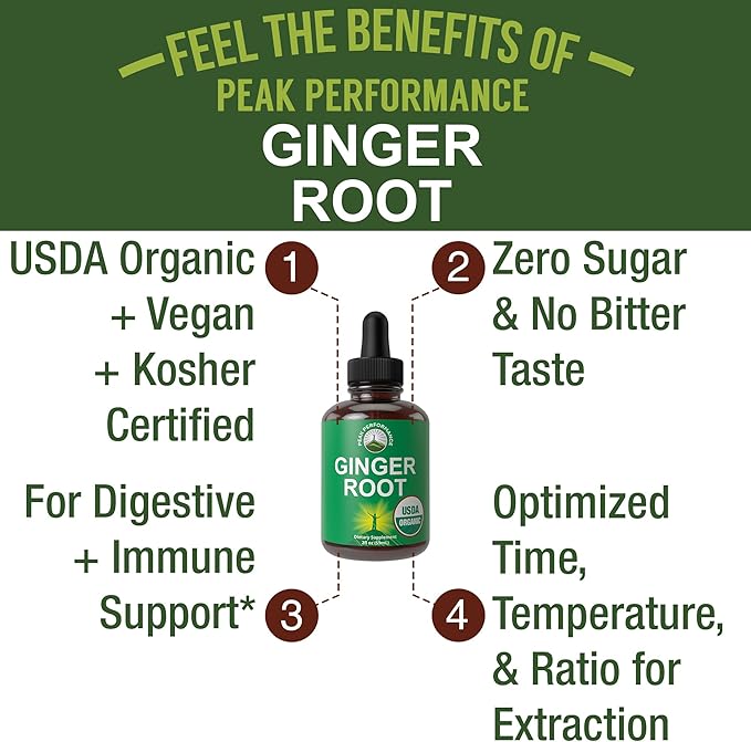 USDA Organic Ginger Root Extract Liquid Drops. Zero Sugar Non Bitter Vegan Ginger Oil Supplement for Immune Digestive + Gut Support. High Bioavailability Gluten Free for Women and Men. Take Orally