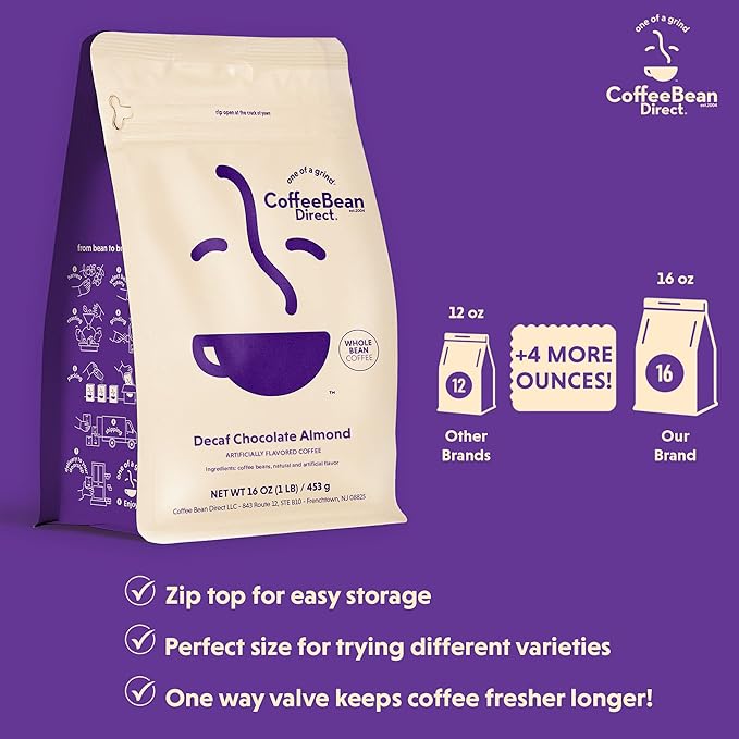 Coffee Bean Direct Decaf Chocolate Almond Flavored Whole Bean Coffee 1 Pound Bag (Pack of 1)