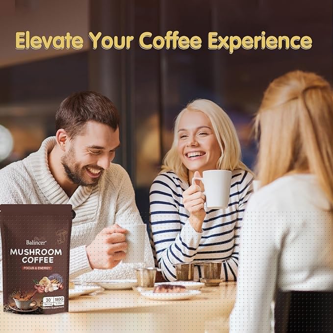Mushroom Coffee 6 Adaptogenic Mushrooms (Lion's Mane Cordyceps Turkey Tail &amp Other) Mixed with Premium Instant Coffee for Focus Energy Immune and Gut Health Support 60 Servings