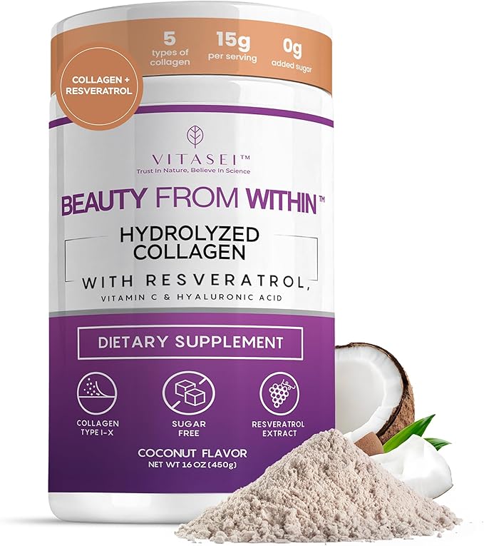 VITASEI Hydrolyzed Collagen Peptides Powder with Resveratrol &amp Vitamin C – Hair Skin &amp Joint Support with Hyaluronic Acid – Colágeno Hidrolizado for Women &amp Men – Coconut Flavor 16 oz (3